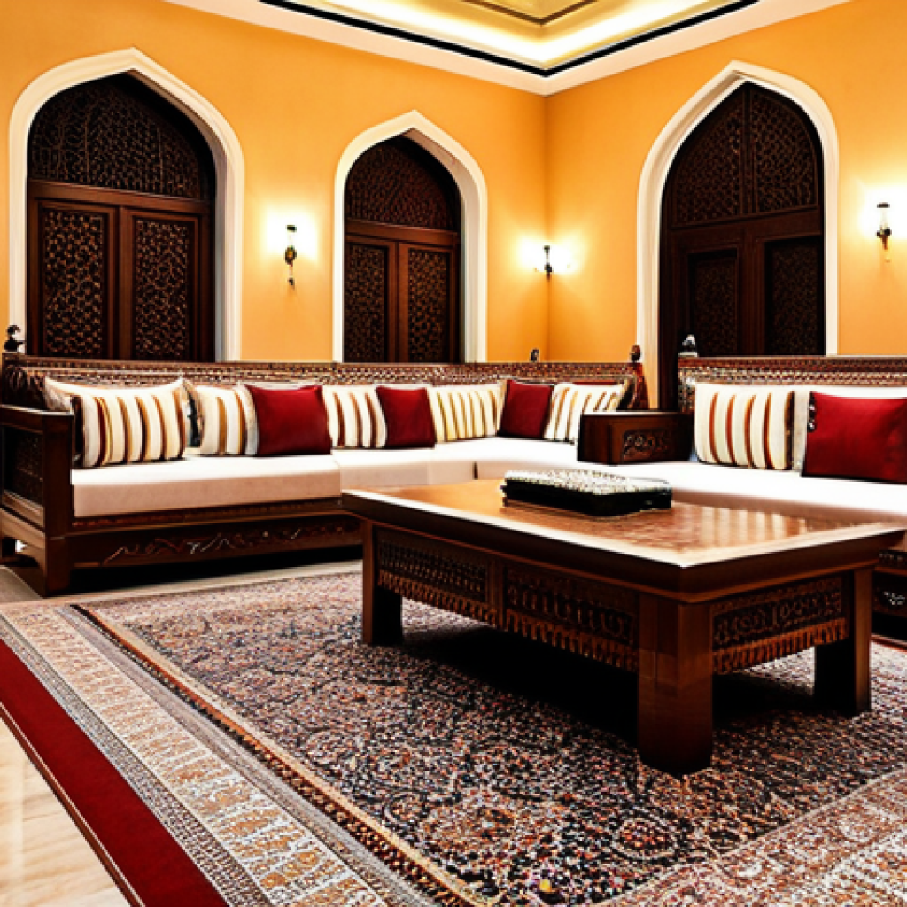 **
"Traditional Kuwaiti Majlis, floor seating with carpets and cushions, wooden coffee tables, Arabic coffee set, intricate carvings, warm lighting, family-friendly, fully clothed people socializing, safe for work, appropriate content, professional."
**