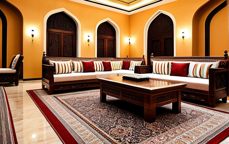 **

"Traditional Kuwaiti Majlis, floor seating with carpets and cushions, wooden coffee tables, Arabic coffee set, intricate carvings, warm lighting, family-friendly, fully clothed people socializing, safe for work, appropriate content, professional."

**