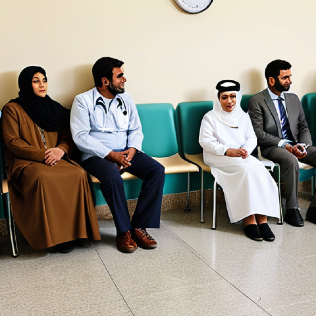 **
"A busy waiting room in a Kuwaiti government hospital. Patients of diverse backgrounds are seated, fully clothed in modest attire, waiting for their appointments. Doctors and nurses are visible in the background, attending to patients. Safe for work, appropriate content, professional, perfect anatomy, natural proportions, family-friendly, realistic."
**