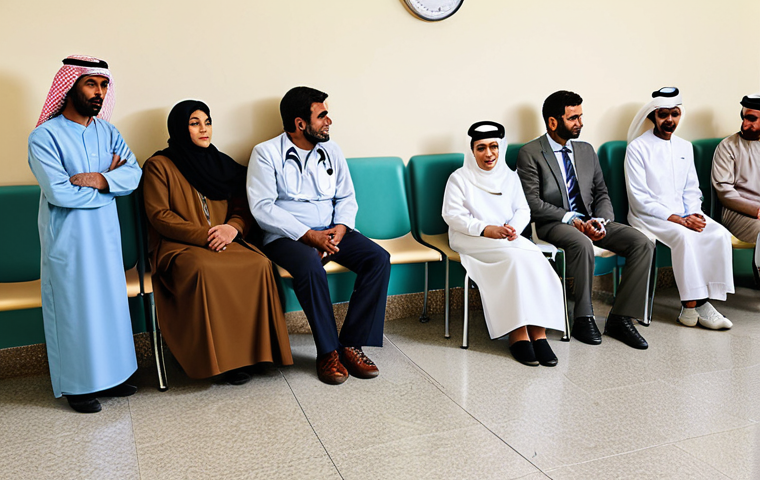 **

"A busy waiting room in a Kuwaiti government hospital. Patients of diverse backgrounds are seated, fully clothed in modest attire, waiting for their appointments. Doctors and nurses are visible in the background, attending to patients. Safe for work, appropriate content, professional, perfect anatomy, natural proportions, family-friendly, realistic."

**