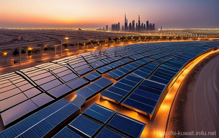쿠웨이트의 경제 자유화 사례 - **Prompt:** A panoramic, high-angle shot of a vibrant, futuristic Kuwaiti cityscape at dawn, bathed ...