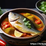 Home 15 쿠웨이트 대표 요리 마치부스 - A vibrant and traditional kitchen scene showing the preparation of Machibuss, featuring a large fres...