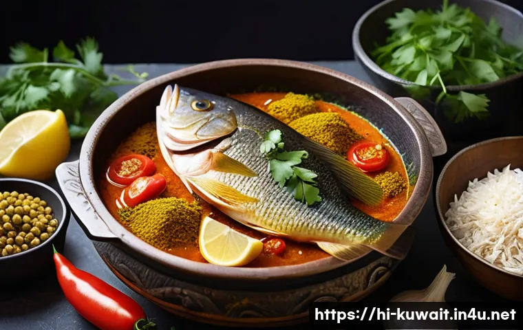 쿠웨이트 대표 요리 마치부스 - A vibrant and traditional kitchen scene showing the preparation of Machibuss, featuring a large fres...