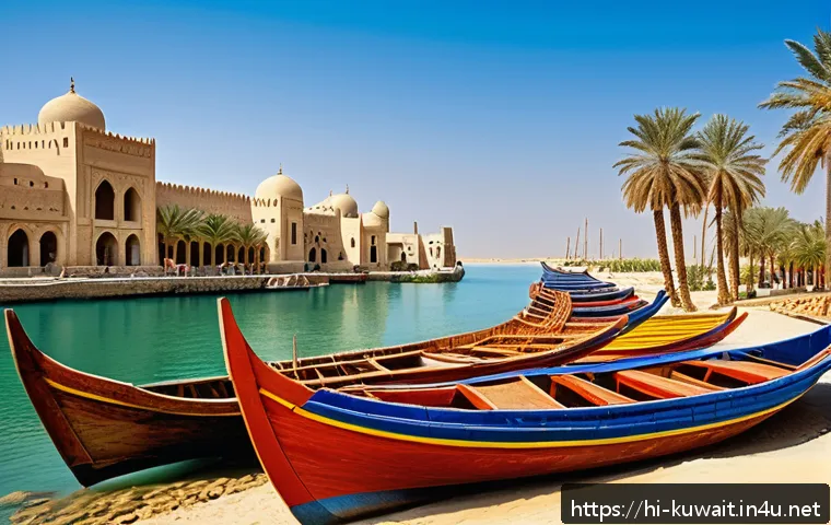 쿠웨이트 고대사와 현대사 연결점 - A vibrant ancient Kuwaiti maritime trade port scene along the Persian Gulf coast, bustling with trad...