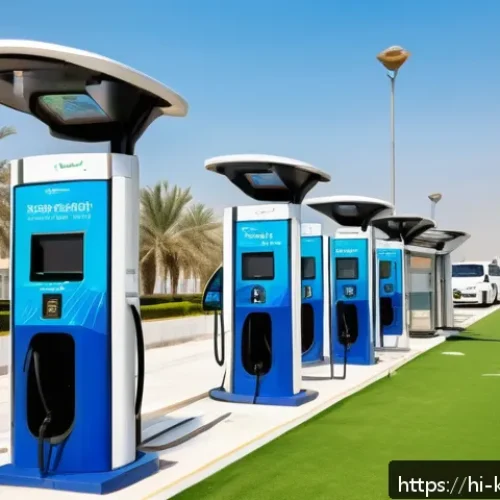 Home 13 쿠웨이트 도심 내 전기차 충전소 - A modern electric vehicle fast charging station in Kuwait city, featuring sleek DC fast chargers wit...