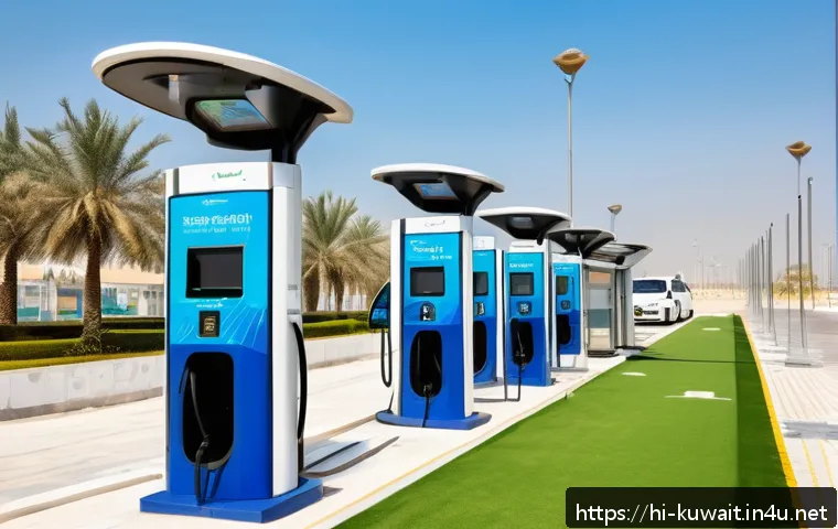 쿠웨이트 도심 내 전기차 충전소 - A modern electric vehicle fast charging station in Kuwait city, featuring sleek DC fast chargers wit...