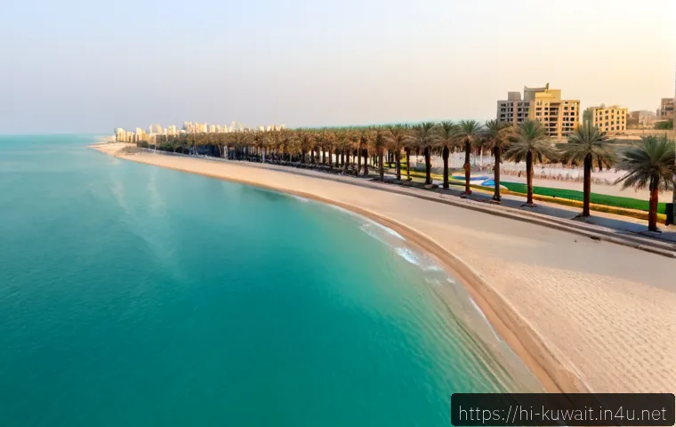 쿠웨이트 해변 관광지 - Photorealistic wide-angle view of Kuwait’s coastline at golden hour, calm turquoise Persian Gulf wat...