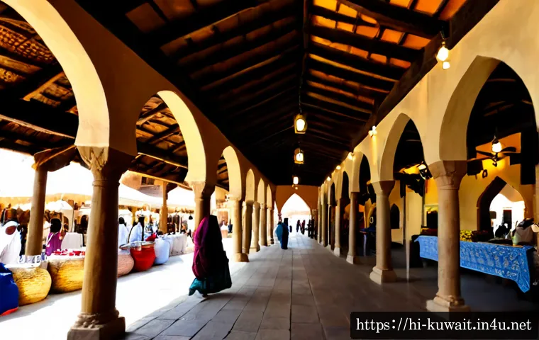 쿠웨이트 전통 시장 방문 가이드 - Photorealistic wide-angle view of a traditional Kuwaiti souq at golden hour, covered stone arcade wi...