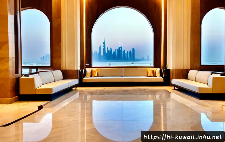 쿠웨이트의 호텔 산업 - Photorealistic luxury hotel lobby in Kuwait City, elegant contemporary Gulf-inspired architecture, p...